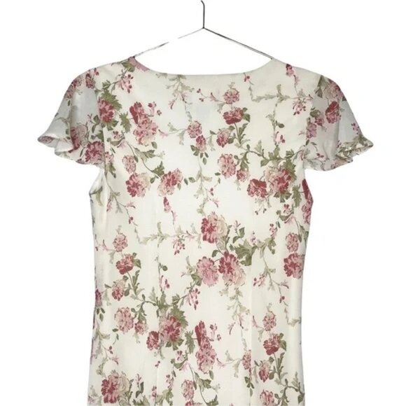 ๐ธ Vintage White Floral Midi Dress V Neck Slant Hem Romantic Cottagecore Sz 8 - Picture 8 of 9